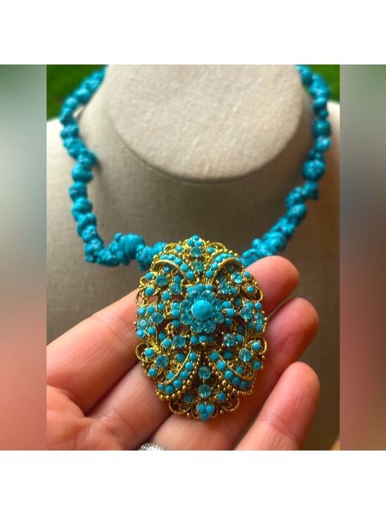 1928 Jewelry - 💙 RARE 1928 Designer Turquoise Blue Stone Statement Necklace • Crystal Medallion
